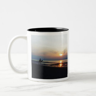 Camel on the beach at Sunset Two-Tone Coffee Mug