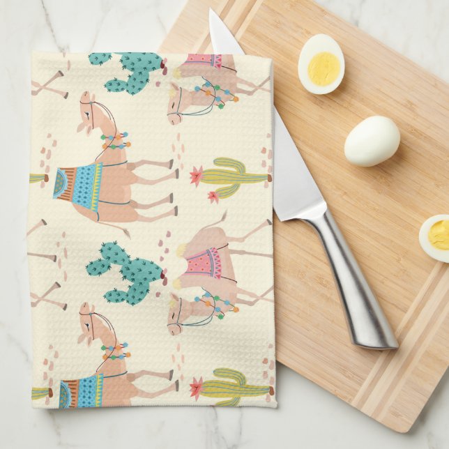 camel pattern, cactus pattern, desert print tea towel (Quarter Fold)