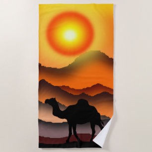 Camel Silhouette in Desert Sunset Beach Towel