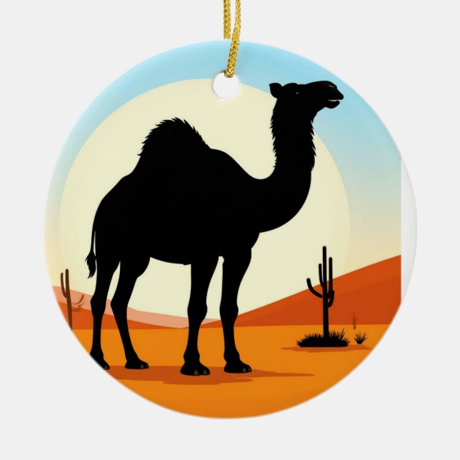 Camel Silhouette in Desert Sunset Landscape Ceramic Tree Decoration (Front)