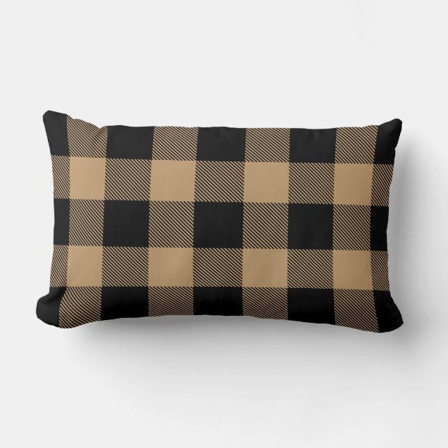 Camel Tan Black Buffalo Check Plaid Lumbar Cushion (Front)