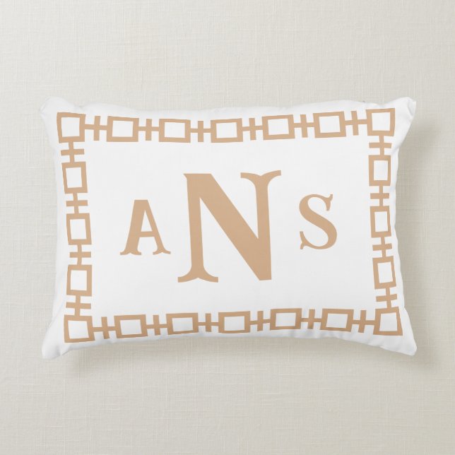 Camel Tan Square Greek Key Monogram Decorative Cushion (Front)