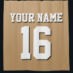 Camel Tan White Sports Jersey Team Jersey Shower Curtain<br><div class="desc">Preppy Solid Colour Team Jersey / Sports Jersey / Football Jersey / Rugby Jersey with Custom Name Customise this with your own name or team name and a number. You can change the size, colour and placement of the text if you need to make changes, change the colour of or...</div>