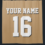 Camel Tan White Sports Jersey Team Jersey Shower Curtain<br><div class="desc">Preppy Solid Colour Team Jersey / Sports Jersey / Football Jersey / Rugby Jersey with Custom Name Customise this with your own name or team name and a number. You can change the size, colour and placement of the text if you need to make changes, change the colour of or...</div>