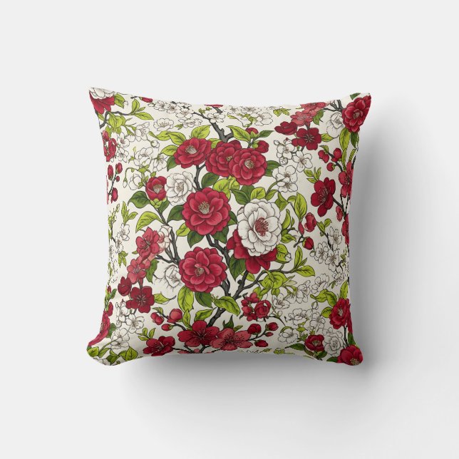 Camellia Floral Print Throw Pillow (Front)