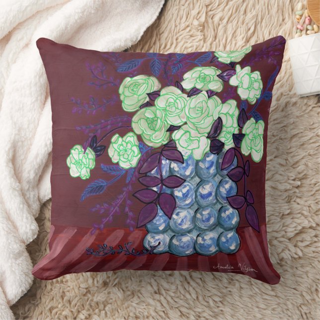 Camellia flowers in bubbles vase throw pillow (Blanket)