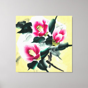 Camellia in snow painted in sumie technique canvas print