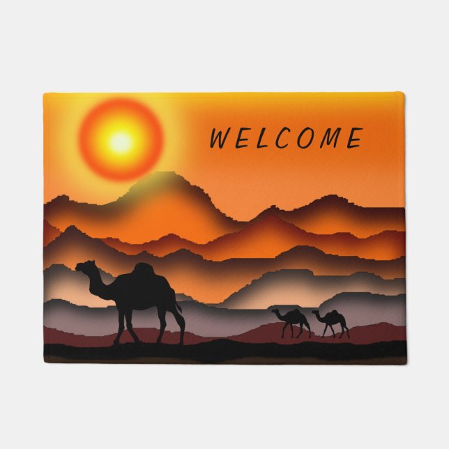 Camels - Beautiful Sunset - Drawing - Welcome Doormat (Front)