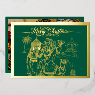 Camels, Manger, Merry Christmas in Green, Gold