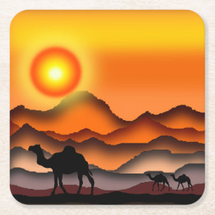 Camels Silhouette in Desert Sunset - Painting Square Paper Coaster