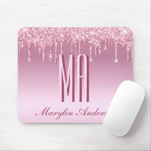 CAMEO PINK GLITTER DRIP CURSIVE NAME MONOGRAM MOUSE PAD