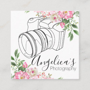 Camera Illustration   Flowers and Leaves Square Business Card