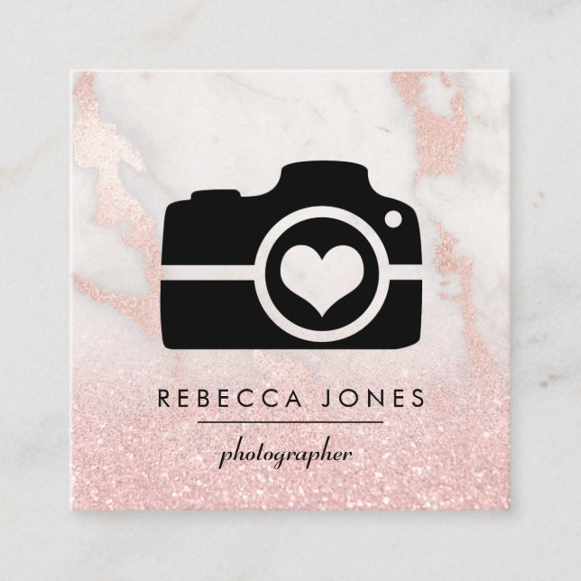 camera on pink marble stone square business card (Front)