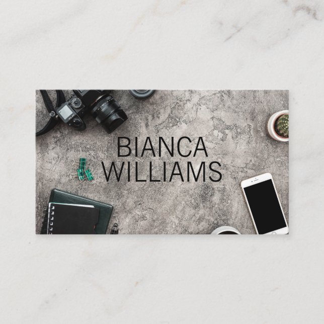 Camera | Phone | Note Books | Work Space Business Card (Front)