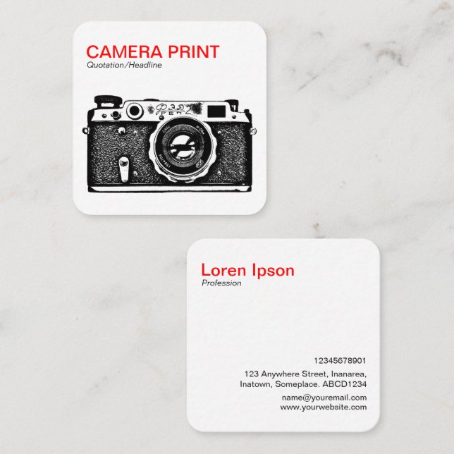 Camera Print - Red + Black on White Square Business Card (Front/Back)