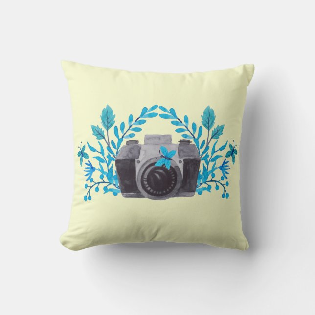 Camera With Azure Blue Leaves And Butterflies Cushion (Front)