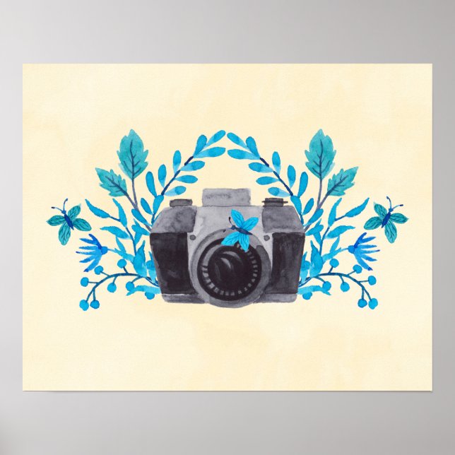 Camera With Azure Blue Leaves And Butterflies Poster (Front)
