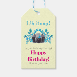 Camera With Blue Leaves And Butterflies Birthday Gift Tags