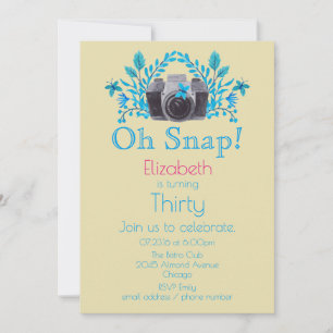 Camera With Blue Leaves And Butterflies Birthday Invitation