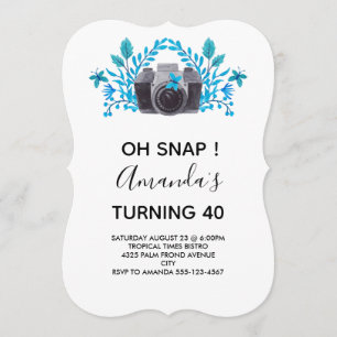 Camera With Blue Leaves And Butterflies Birthday Invitation