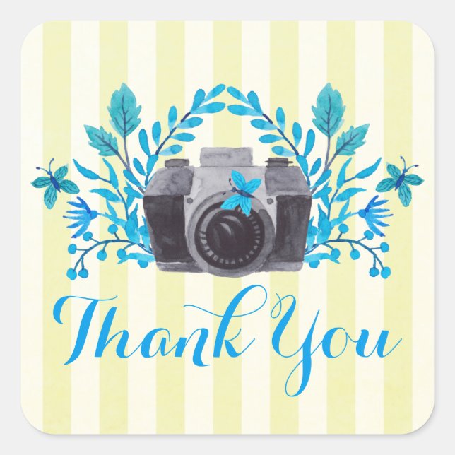 Camera With Blue Leaves And Butterflies Thank You Square Sticker (Front)