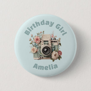 Camera with Flowers Retro Pastel Birthday Girl 6 Cm Round Badge
