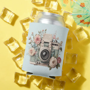 Camera with Flowers Retro Pastel Can Cooler