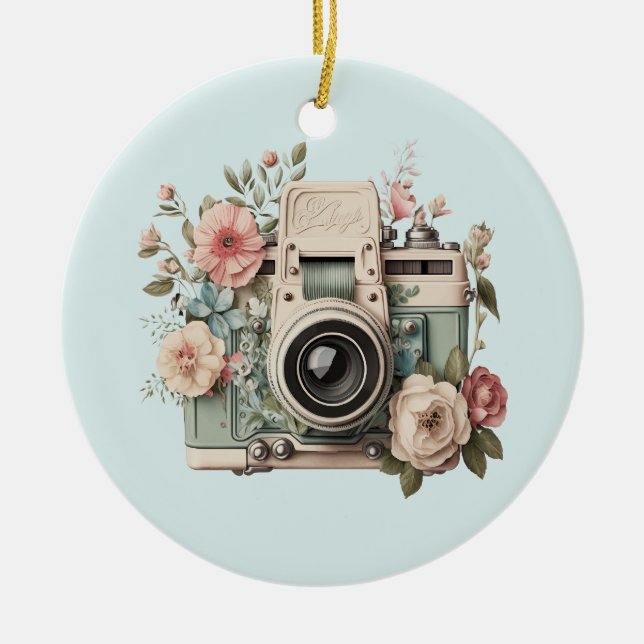 Camera with Flowers Retro Pastel Ceramic Tree Decoration (Front)