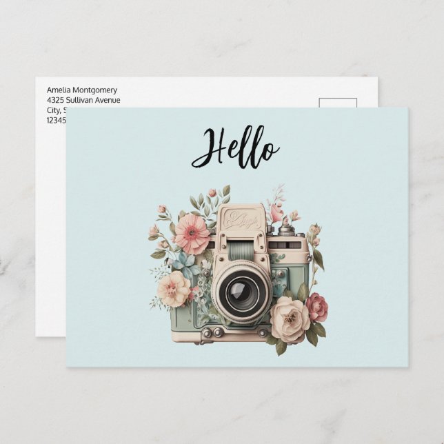Camera with Flowers Retro Pastel Hello Postcard (Front/Back)