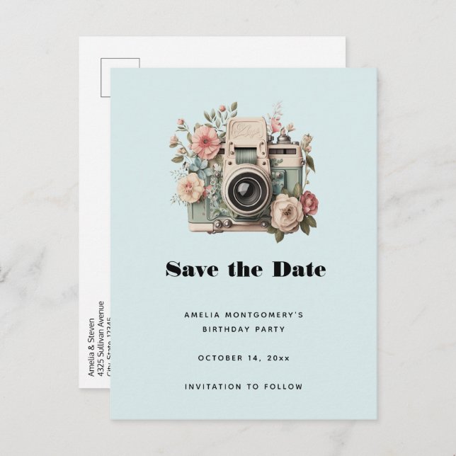 Camera with Flowers Retro Pastel Image Announcement Postcard (Front/Back)