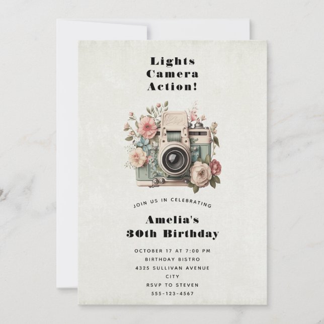  Camera with Flowers Retro Pastel Image Birthday Invitation (Front)