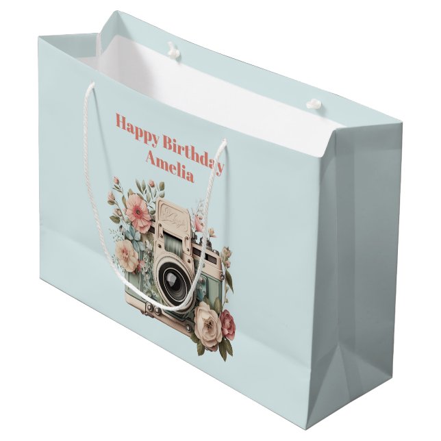 Camera with Flowers Retro Pastel Image Birthday Large Gift Bag (Front Angled)