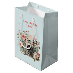 Camera with Flowers Retro Pastel Image Birthday Medium Gift Bag