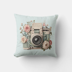 Camera with Flowers Retro Pastel Image Cushion
