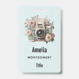 Camera with Flowers Retro Pastel Image ID Badge