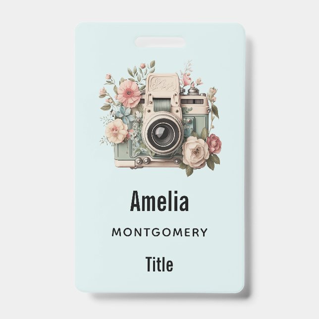 Camera with Flowers Retro Pastel Image ID Badge (Front)