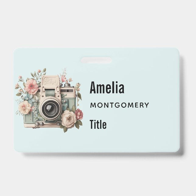 Camera with Flowers Retro Pastel Image ID Badge (Front)