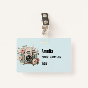 Camera with Flowers Retro Pastel Image ID Badge
