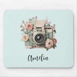 Camera with Flowers Retro Pastel Image Mouse Pad