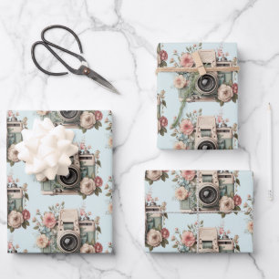Camera with Flowers Retro Pastel Image Pattern Wrapping Paper Sheet