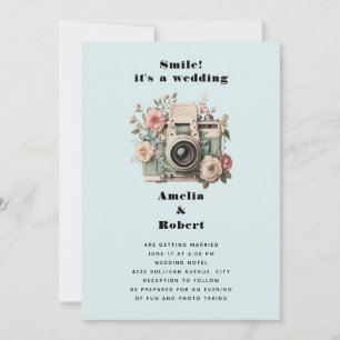 Camera with Flowers Retro Pastel Image Wedding Invitation