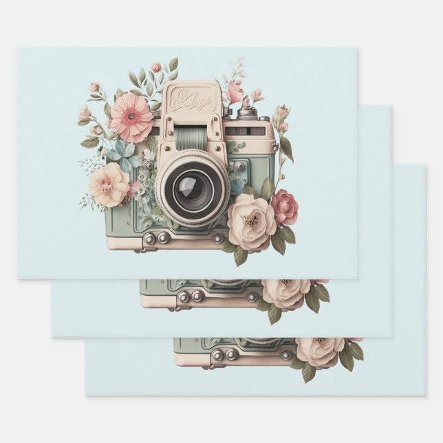 Camera with Flowers Retro Pastel Image Wrapping Paper Sheet (Set)
