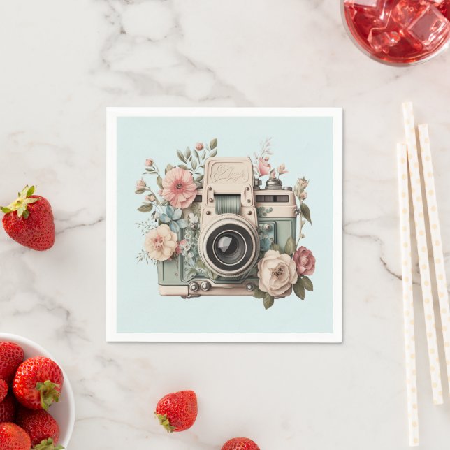 Camera with Flowers Retro Pastel Napkin (Insitu)