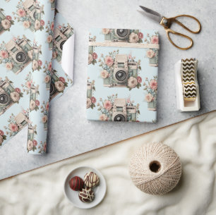 Camera with Flowers Retro Pastel Pattern Wrapping Paper