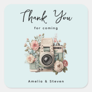 Camera with Flowers Retro Pastel Wedding Thank You Square Sticker
