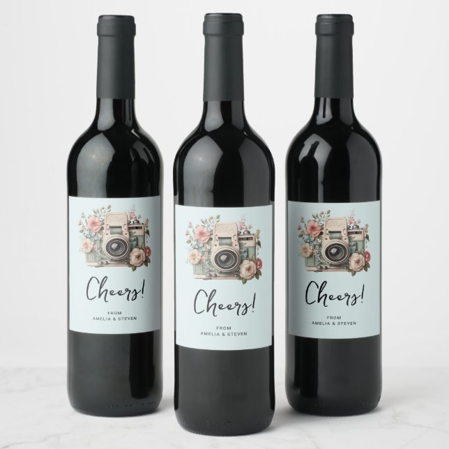 Camera with Flowers Retro Pastel Wine Label (Bottles)
