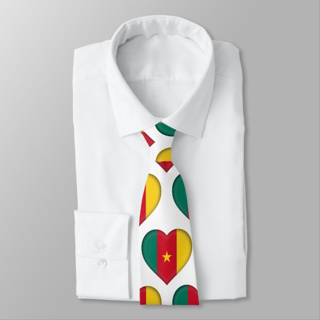 Cameroon Flag Colours Heart Pattern Neck Tie (Tied)