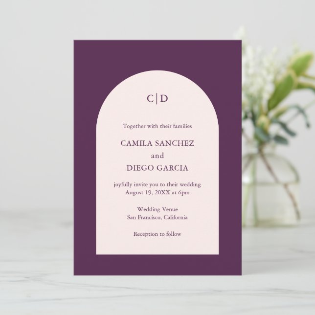 Camia Purple Arch Modern Wedding Invitation (Standing Front)
