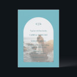 Camila Aqua Arch Modern Wedding Invitation<br><div class="desc">Modern wedding invitation featuring your monogram along with your details over your favourite photo inside of an arch over a turquoise / aqua / teal background. The template includes a sheer overlay to allow the text to show up over your picture and may be removed in the design editing tool....</div>