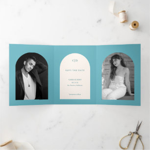 Camila Aqua Arch Modern Wedding Save the Date Tri-Fold Announcement